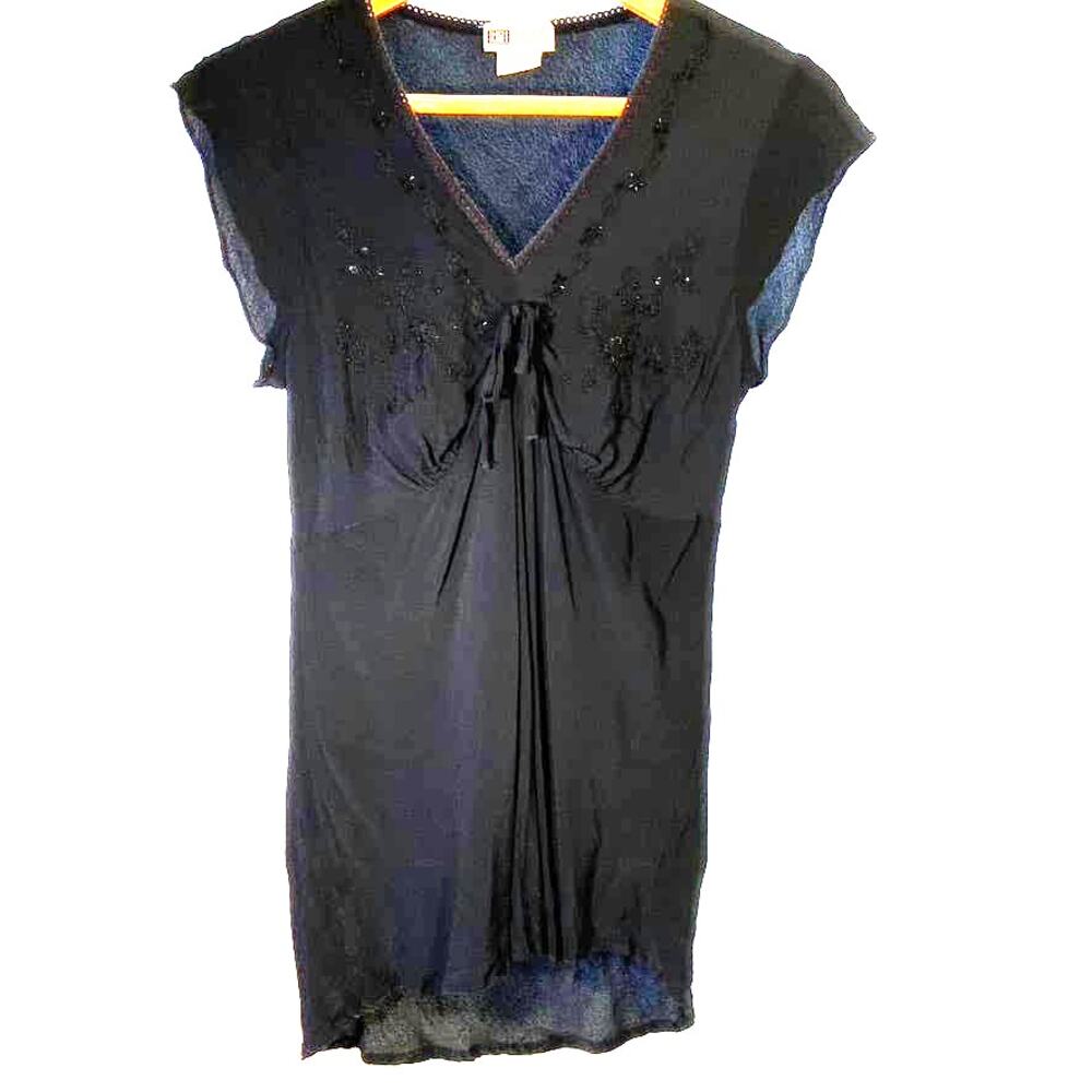 Womens Faded Glory Size Medium Embellished Sequin Black Blouse Tie Front Detail